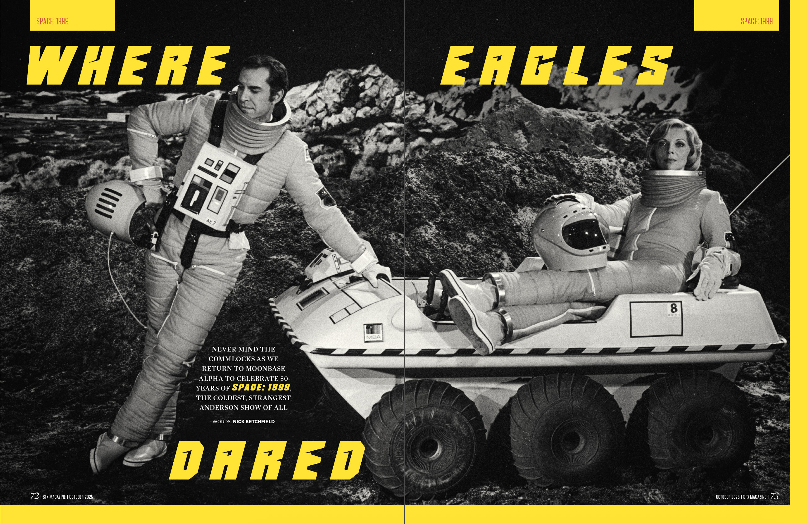Martin Landau and Barbara Bain posing with a moon buggy.