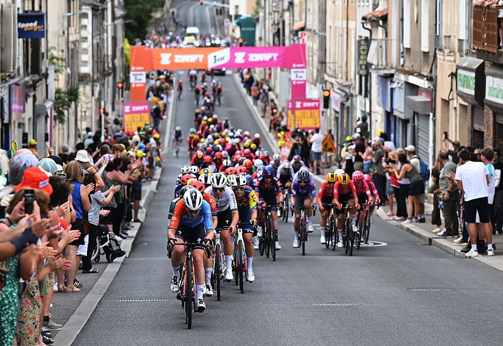 POITIERS, FRANCE - JULY 29: Anna Van Der Breggen of Netherlands and Team SD Worx - Protime leads the peloton during the 4th Tour de France Femmes 2025, Stage 4 a 130.7km stage from Saumur to Poitiers / #UCIWWT / on July 29, 2025 in Poitiers, France. (Photo by Szymon Gruchalski/Getty Images)