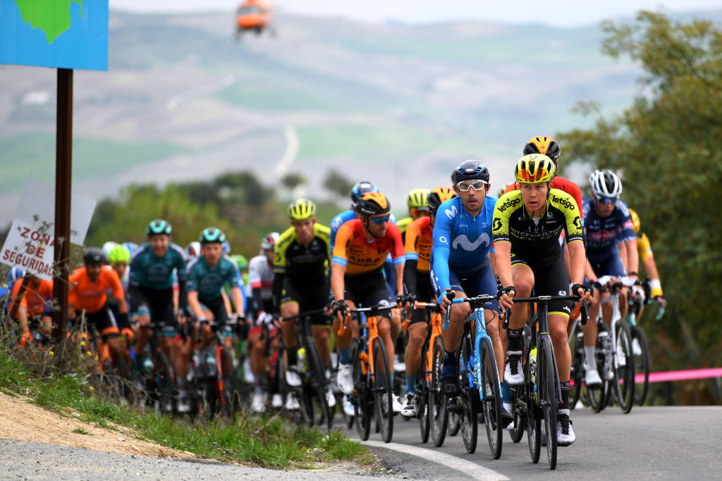GRAZALEMA SPAIN FEBRUARY 19 Alexander Konychev of Italy and Team MitcheltonScott Sebastin Mora of Spain and Movistar Team Peloton during the 66th Vuelta a Andaluca Ruta del Sol 2020 Stage 1 a 1738km stage from Alhaurn de la Torre to Grazalema 911m VCANDALUCIA UCIProSeries on February 19 2020 in Grazalema Spain Photo by David RamosGetty Images