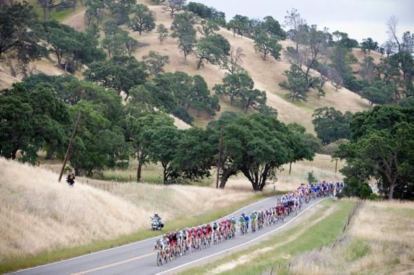 The peloton strings out as it closes the gap to the leaders.