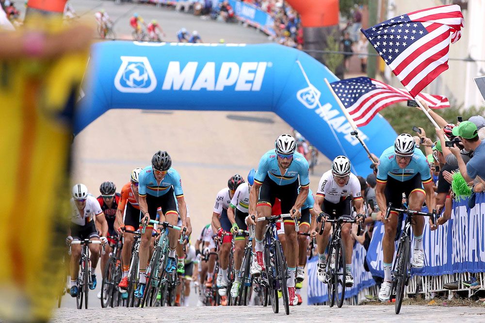 Tom Boonen leads the peloton up Libby Hill