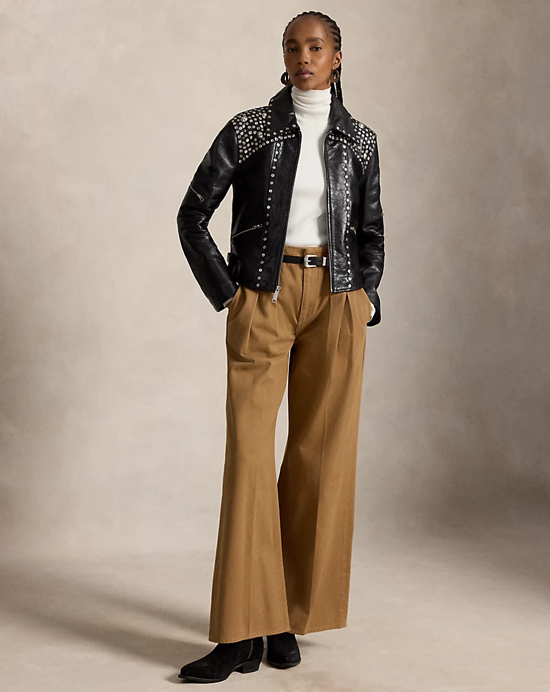 Pleated Cotton Wide Leg Trouser