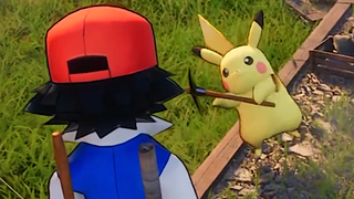 An image of Pikachu looking despondently at Ash Ketchum as he is made to hold a pickaxe and mine for profit in a Palworld mod.