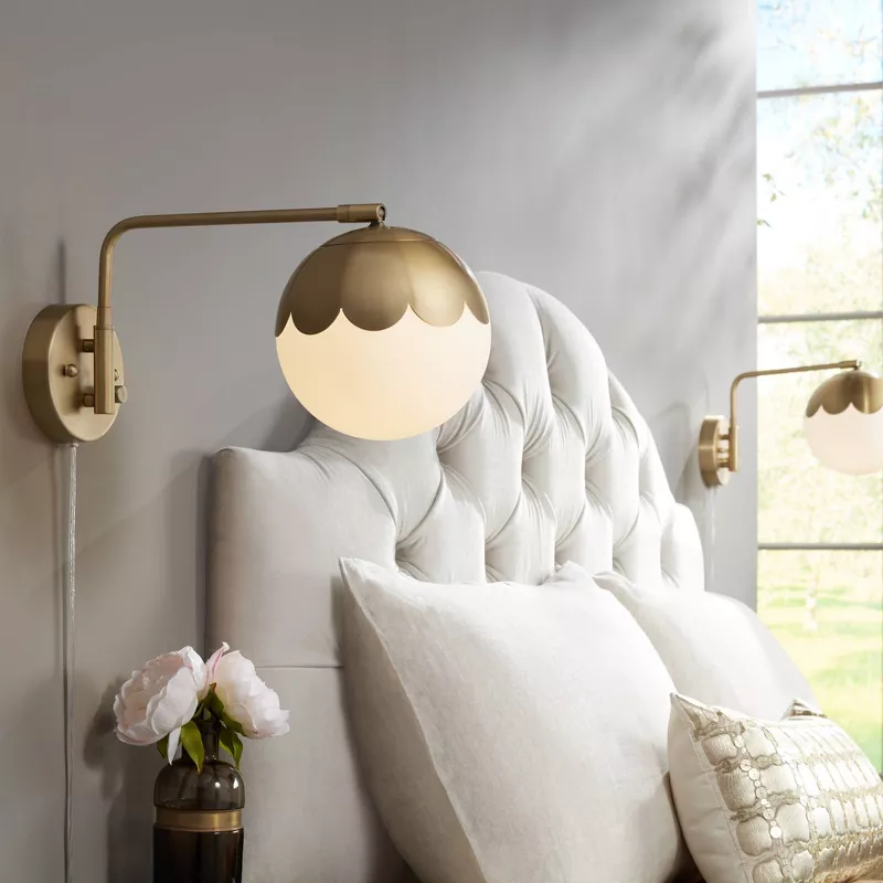 360 Lighting Kelowna Modern Swing Arm Wall Lamps Set of 2 Brass Metal Plug-In Light Fixture Globe Glass Shade for Bedroom Bedside Living Room Reading