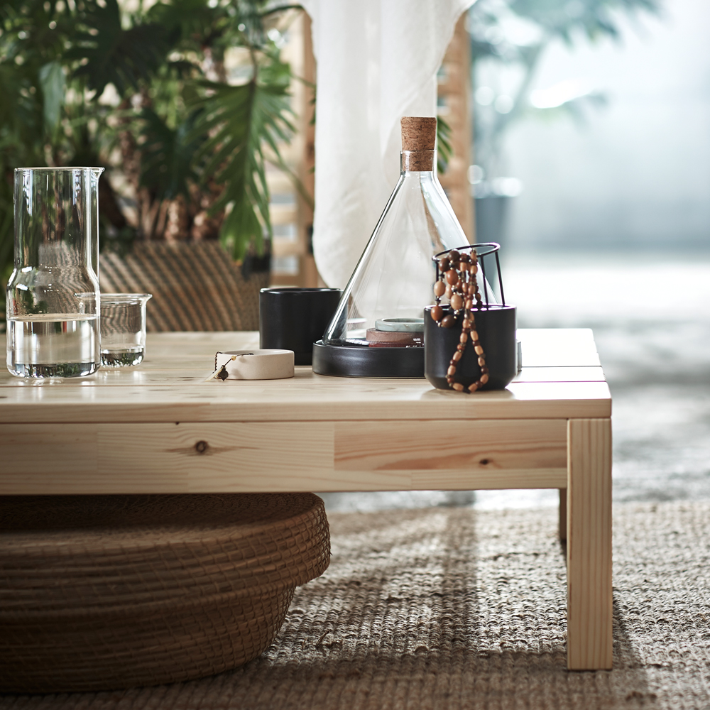 coffee table and carafe with glass and glass cone wtih base