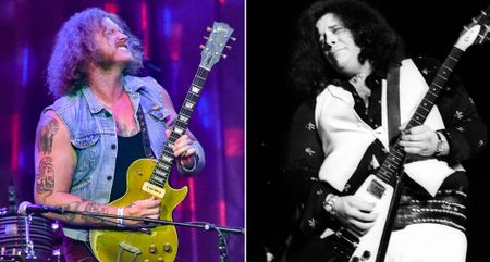 On the left, Jared James Nichols grimaces as he takes a solo on his 1952 Gibson Les Paul Goldtop, the guitar named Dorothy after it was recovered and restored from a tornado. On the right, Nichols' hero, Leslie West of Mountain, solos on his Flying V.