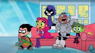 Teen Titans Go! characters looking surprised while watching TV
