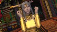 A Final Fantasy 14 Miqo'te jumping and smiling while she's standing in Radz-at-han.