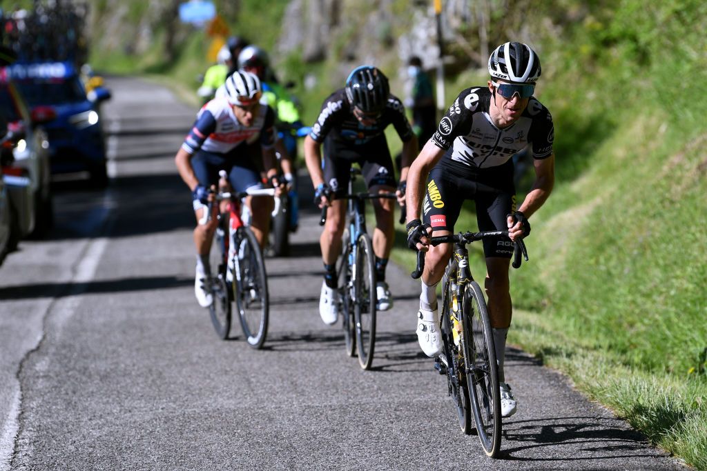 George Bennett (Jumbo-Visma) attacks his breakaway companions on the final climb of stage 12 of the 2021 Giro d&#039;Italia