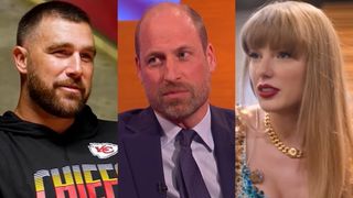 From left to right: Travis Kelce on GMA, Prince William on The Graham Norton Show and Taylor Swift in The End of An Era. 