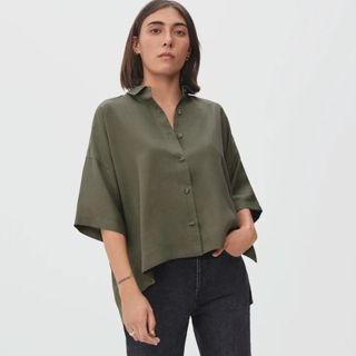 khaki silky blouse