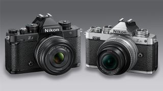 A Nikon Zf camera face-to-face with a Nikon Z fc camera