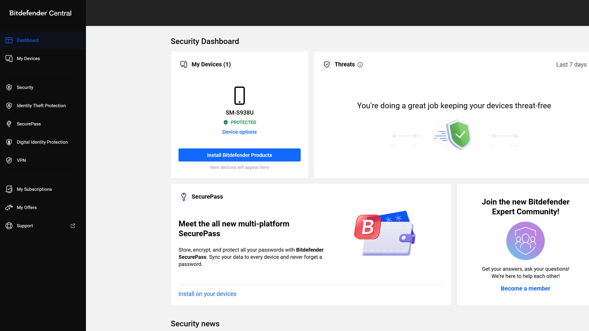 Screenshot of the Bitdefender Ultimate Security Plus Extended web interface