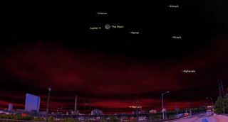 a pale purple-hued green city skyline sits below a night sky with red clouds. the moon, jupiter, uranus and other stars are labeleed. 