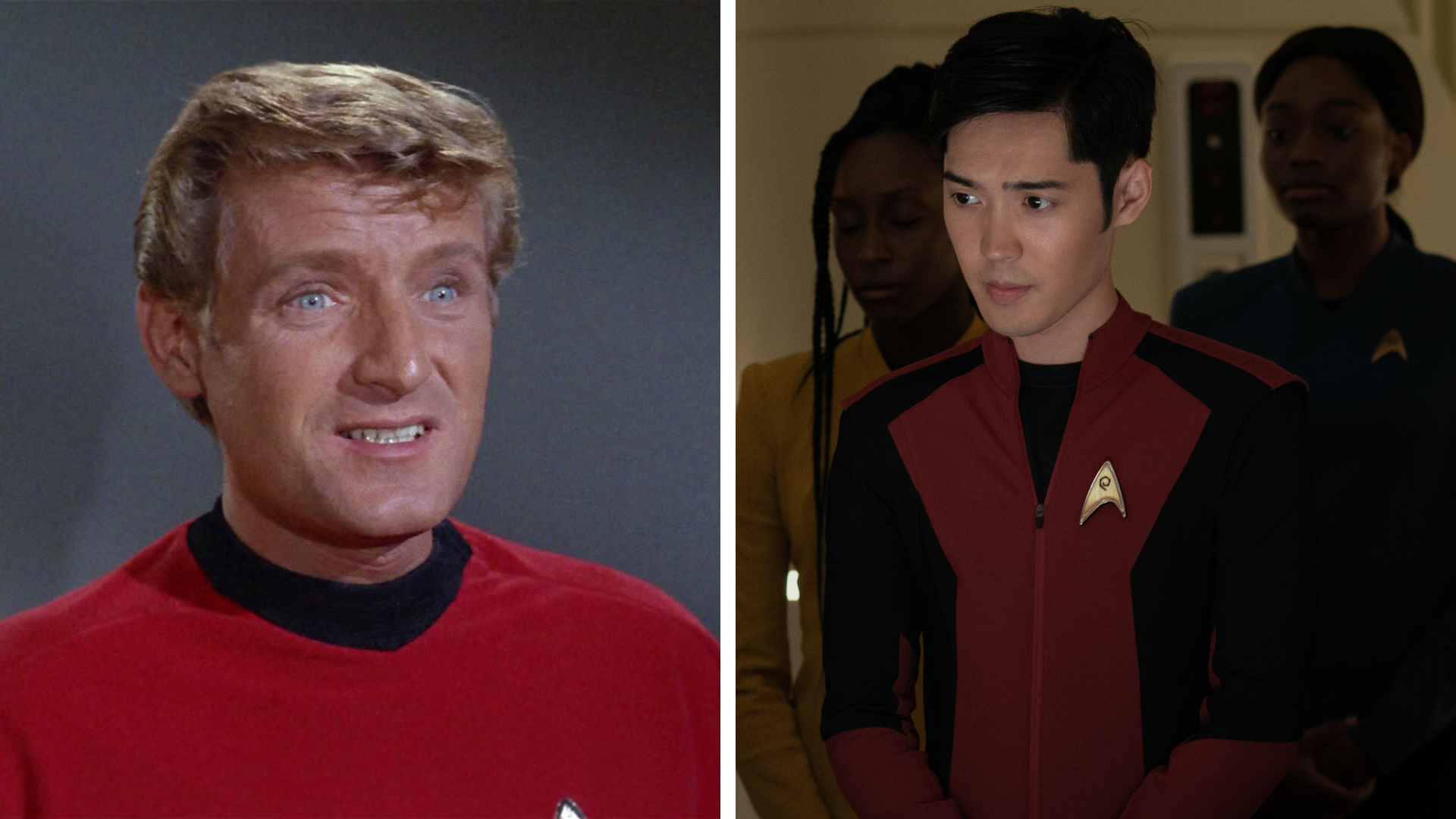Split image showing John Winston (Left) and André Dae Kim (Right), who played Chief Kyle in Star Trek: The Original Series and Star Trek: Strange New Worlds, respectively.