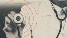 Illustration of doctor holding a stethoscope with an eye peering out of the bell