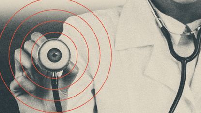 Illustration of doctor holding a stethoscope with an eye peering out of the bell