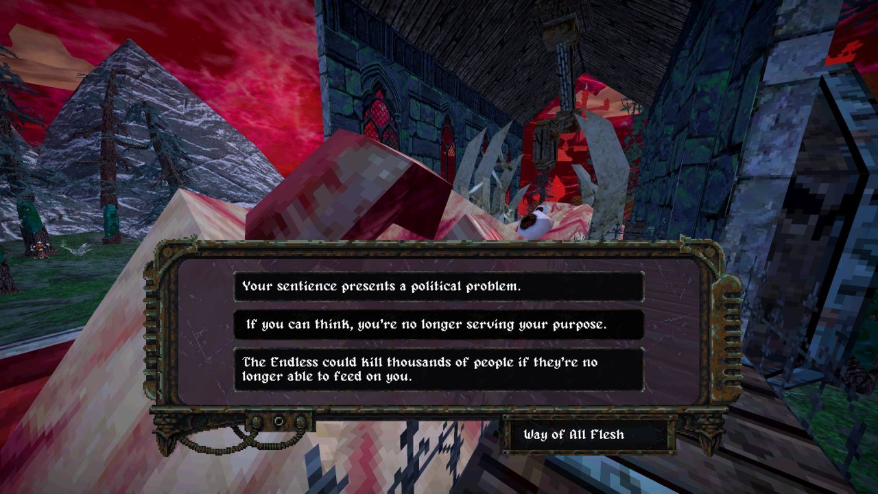 Dialogue options justifying the killing of the flesh farm in Dread Delusion.