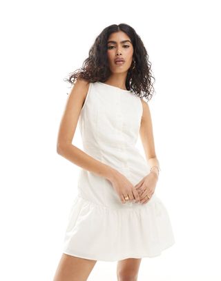 Asos Design Drop Waist Linen Mini Dress in Ivory