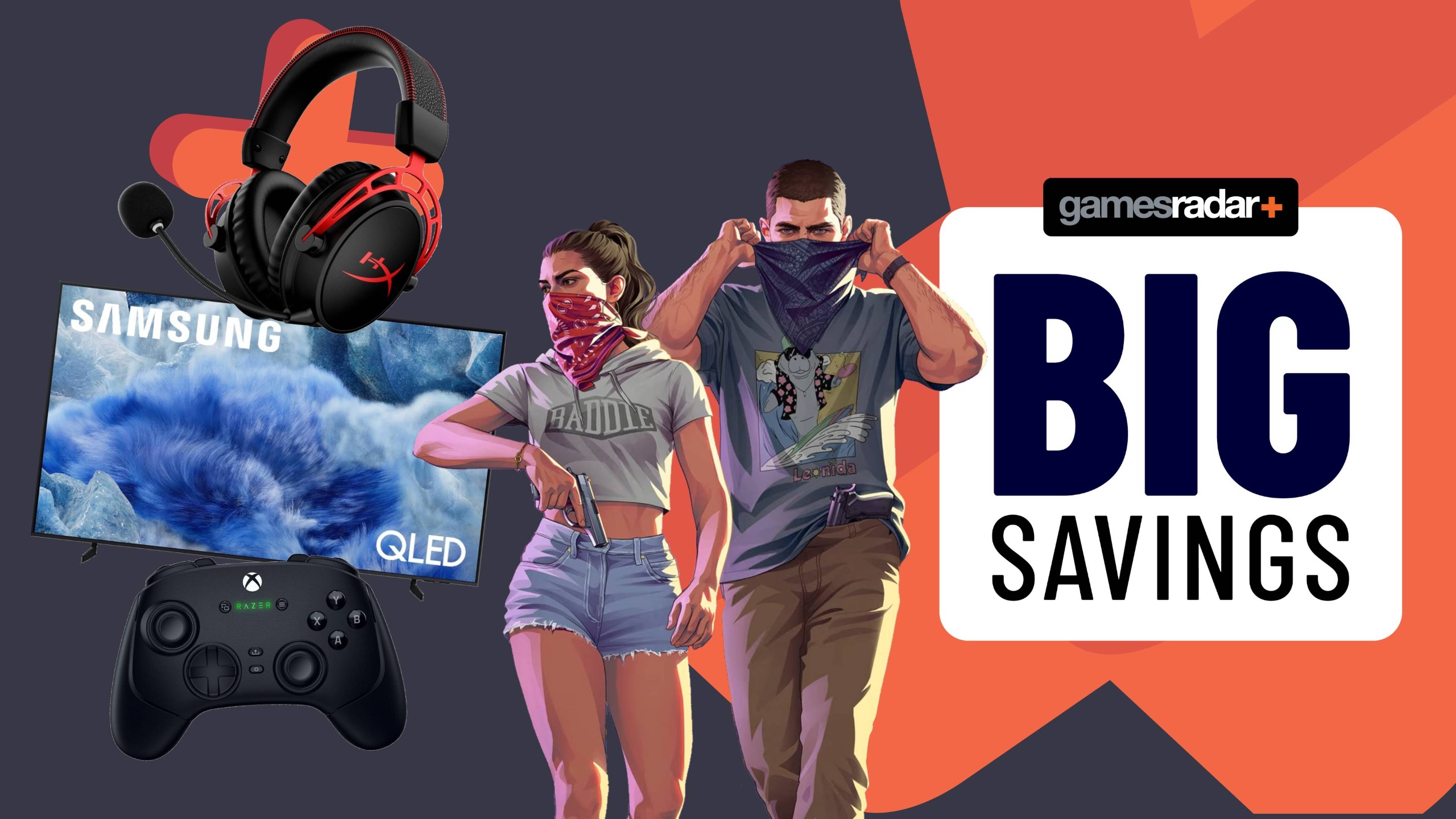 A sign saying 'Big Savings' next to artwork from GTA 6, a HyperX headset, a Samsung TV and a Razer gaming controller.