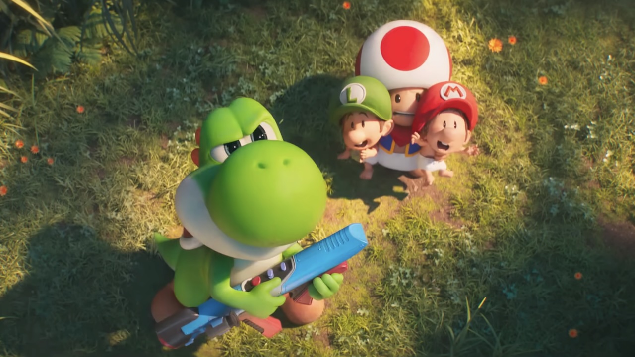 Yoshi holding colorful gun and looking up next to Toad holding Baby Mario and Baby Luigi in the Super Mario Galaxy Movie
