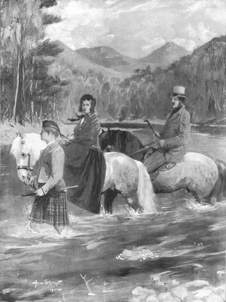 A Reminiscence of Queen Victoria's early married life: Her Majesty and the Prince Consort fording the Garry, September 25, 1844', (1901). Queen Victoria (1819-1901) and Prince Albert (1819-1861) crossing a river on horseback in Scotland. From "The Illustrated London News Record of the Glorious Reign of Queen Victoria 1837-1901: The Life and Accession of King Edward VII. and the Life of Queen Alexandra". [London, 1901]. Artist Allan Stewart. (Photo by The Print Collector via Getty Images)