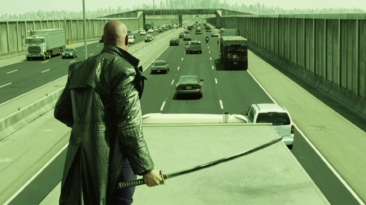 Morpheus in The Matrix Reloaded's highway chase scene.