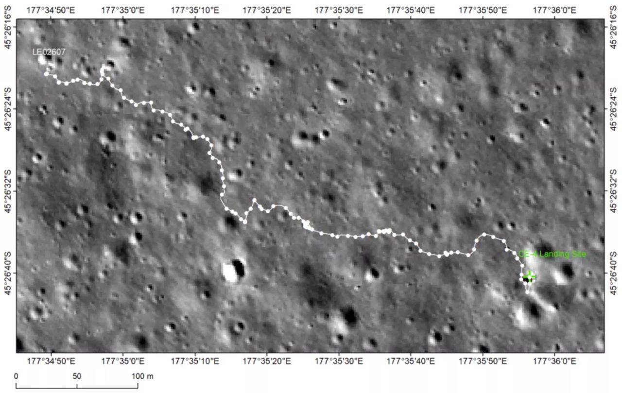 A map showing the Yutu 2 drive route up to the end of lunar day 26 in February 2021.