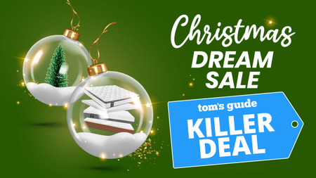 Valmori Home Collection Christmas Dream sale promo image of green background with clear baubles with mattresses and christmas tree and Tom's Guide Killer Deal blue badge on bottom right corner of image