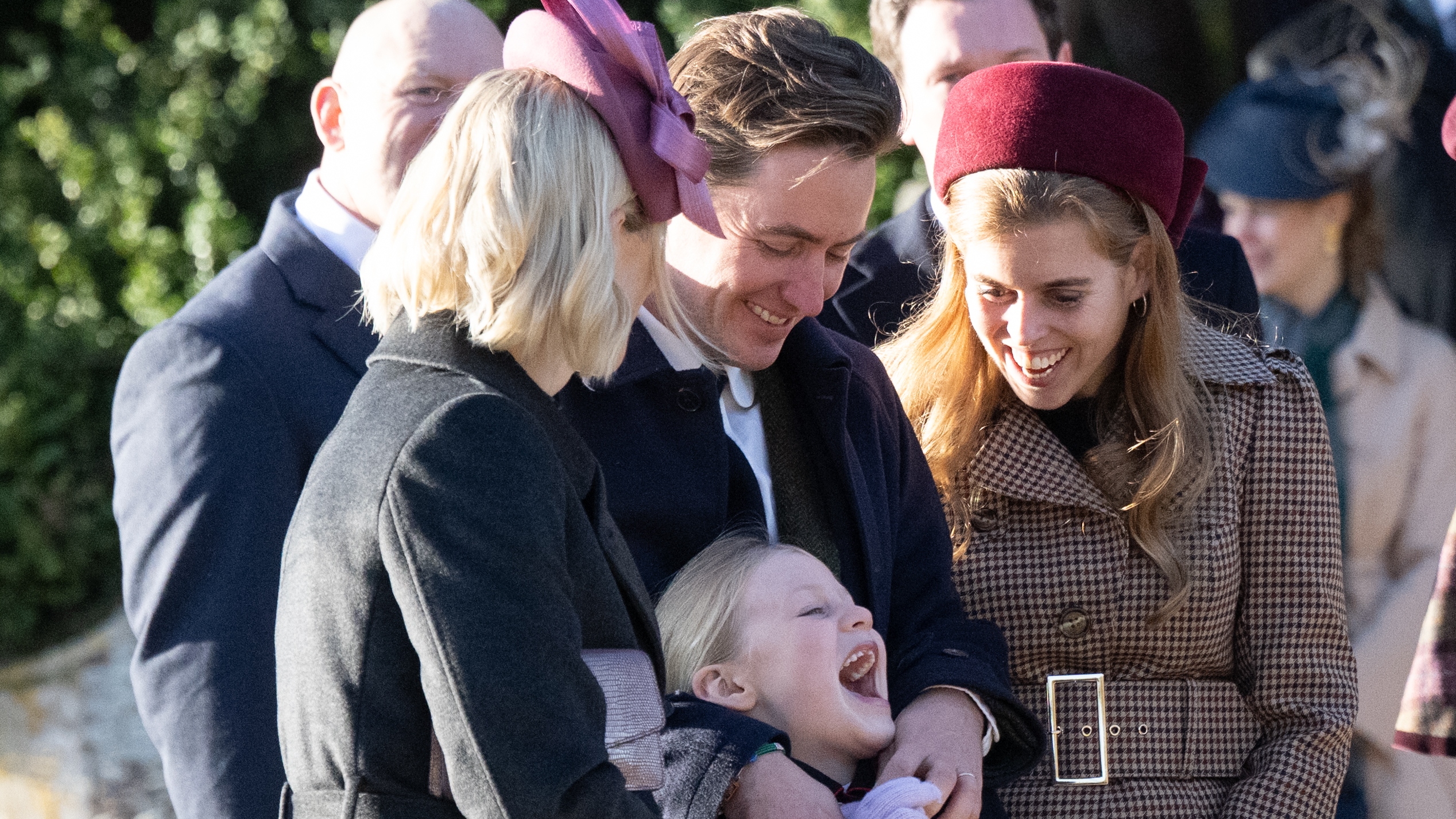 Zara Tindall, Edoardo Mapelli Mozzi, Lena Tindall and Princess Beatrice attend the Christmas Morning Service at Sandringham Church on December 25, 2025