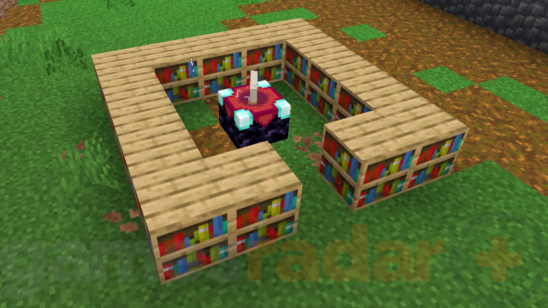 The basic Minecraft enchanting table layout, featuring one enchanting table and 15 bookshelves.