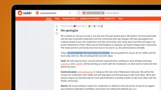 A laptop on an orange background showing an apology from the Reddit CEO in 2015