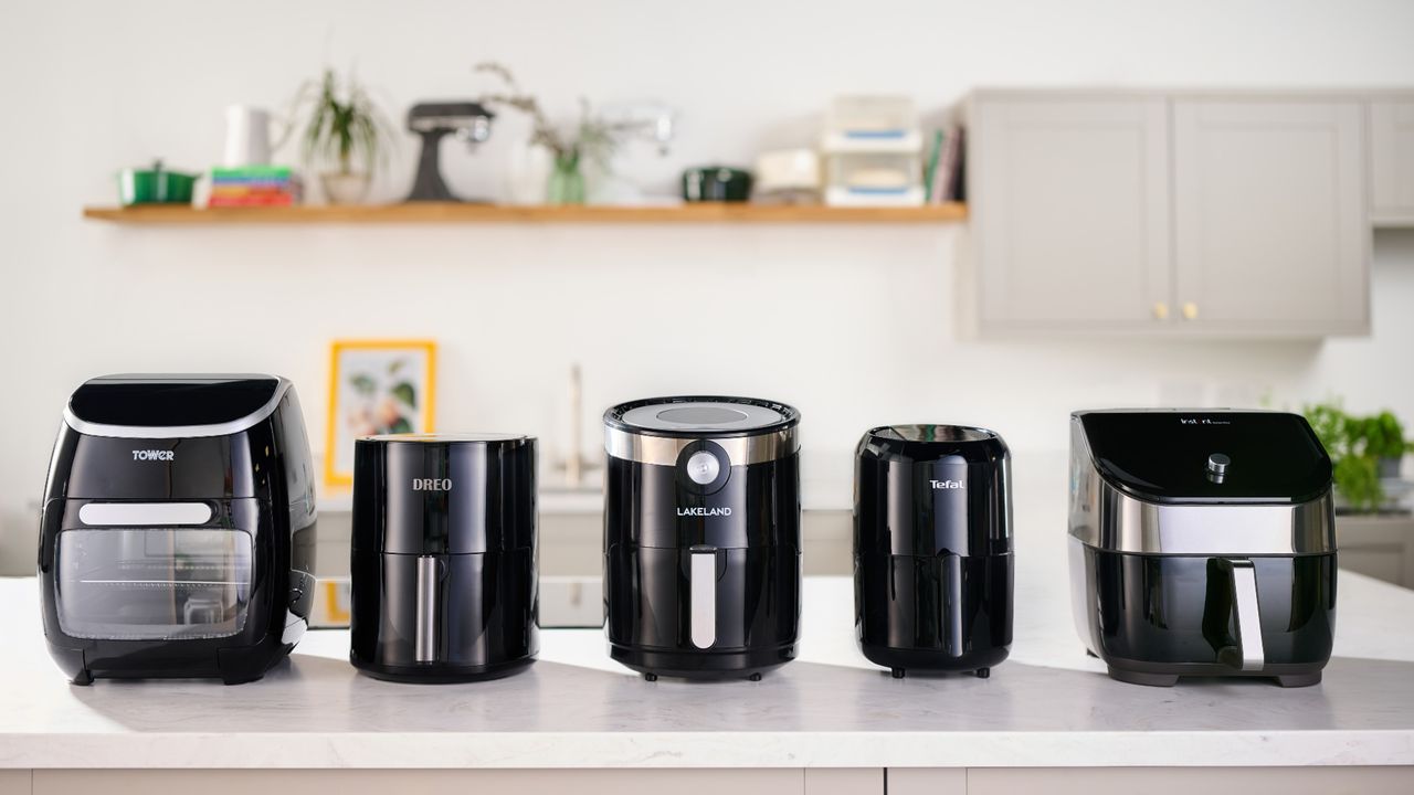 selection of air fryers on countertop