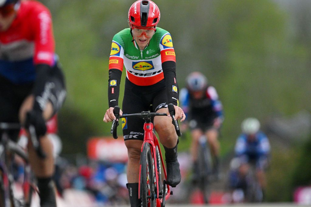 HUY BELGIUM APRIL 17 Elisa Longo Borghini of Italy and Team Lidl Trek crosses the finish line during the 27th La Fleche Wallonne Feminine 2024 a 146km one day race from Huy to Huy UCIWWT on April 17 2024 in Huy Belgium Photo by Luc ClaessenGetty Images