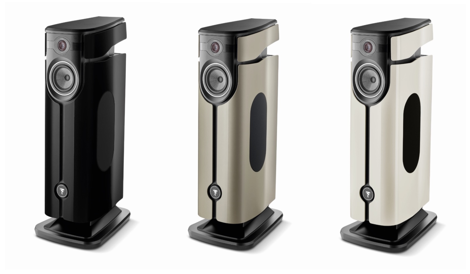 Focal Diva Utopia speakers on a white background in black, dune and off white finishes