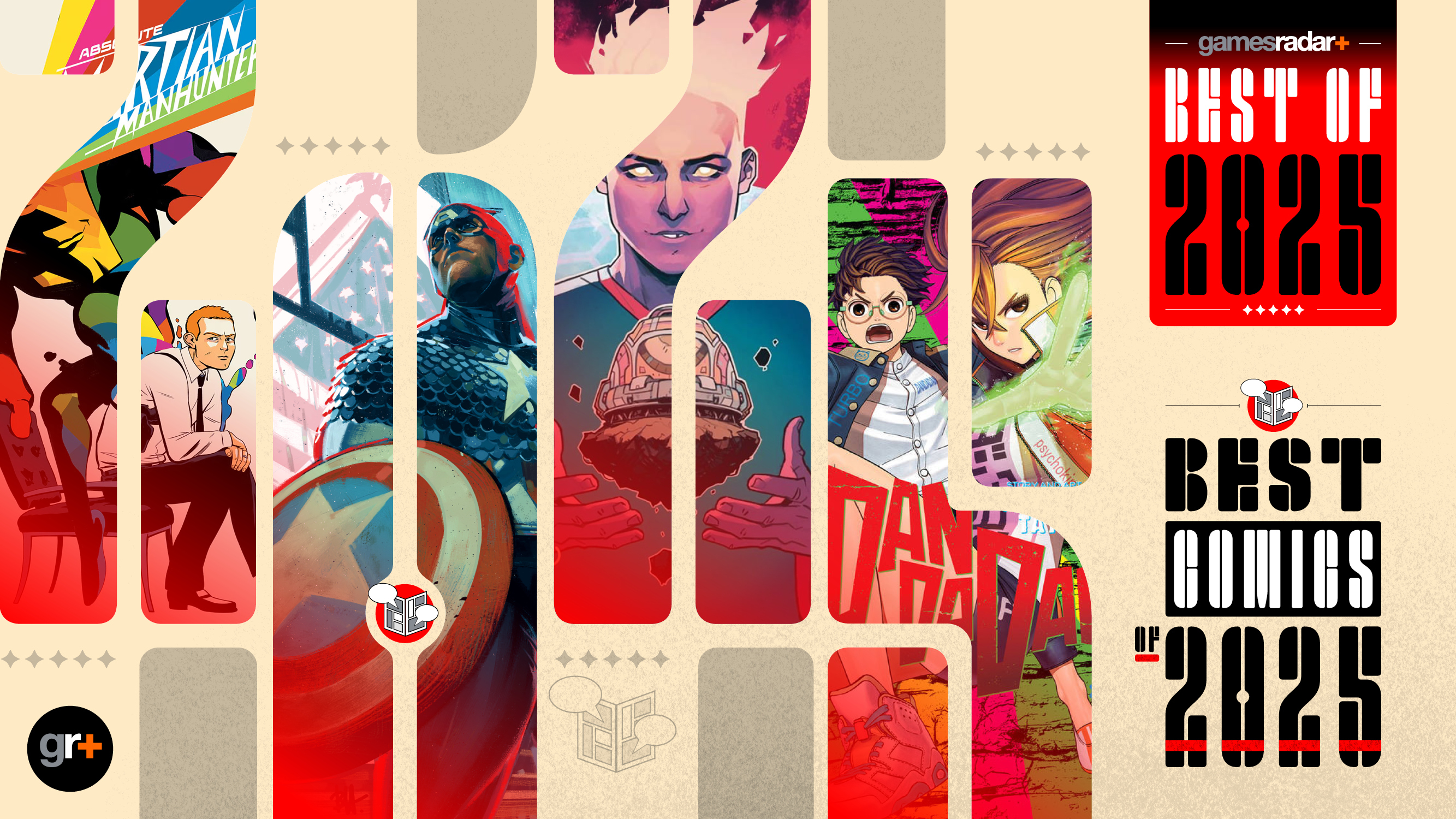 Year in Review: The Best of 2025 main listing image for the Best Comics of 2025 featuring Absolute Martian Manhunter, Captain America, The Power Fantasy, and Dandadan