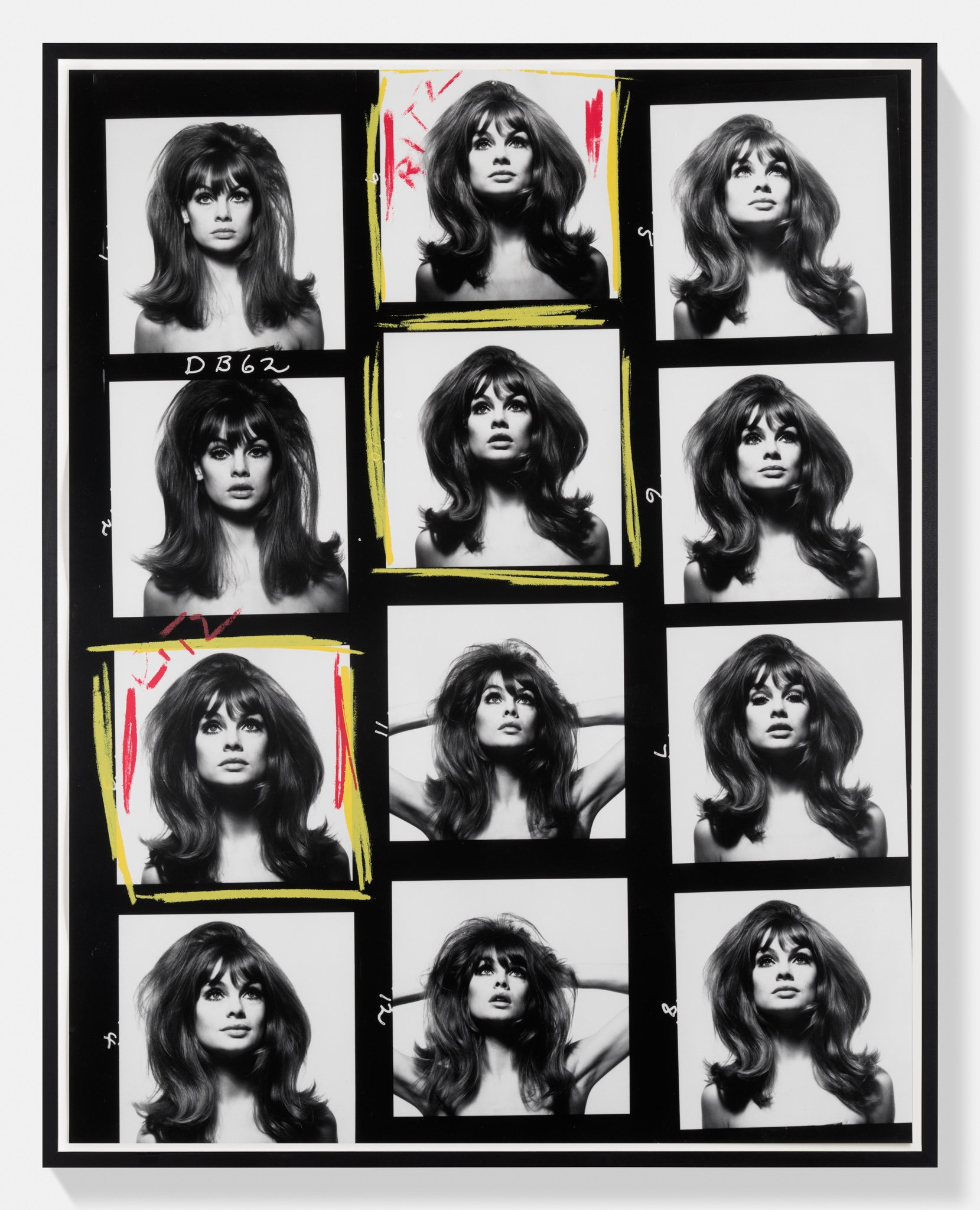 A framed contact sheet of twelve Jean Shrimpton portraits with tousled hair, several frames marked with red and yellow grease pencil including the word "Ritz."