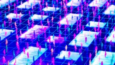 A cartoon of a series of pink and blue people standing on a series of white squares on a grid.