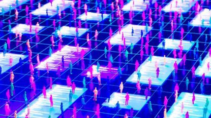 A cartoon of a series of pink and blue people standing on a series of white squares on a grid.