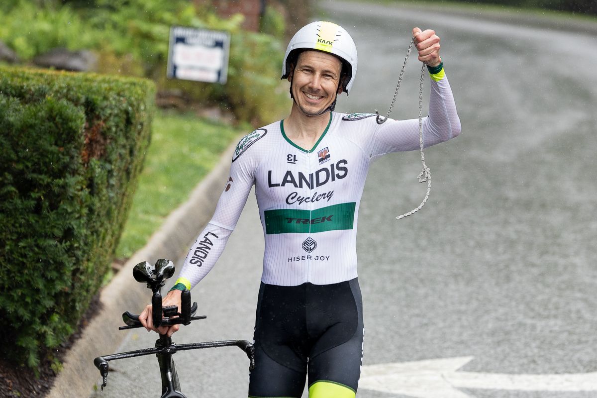 Stephen Schaefer from Landis/Trek Cycling says "Sometimes those are the breaks." Literally