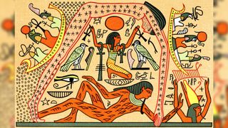 depictions of people raising their hands towards the sky underneath a stretched-out depiction of a goddess forming an arcing sky above them, with stars covering her body