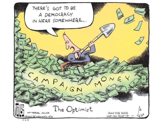 Political cartoon campaign money democracy election