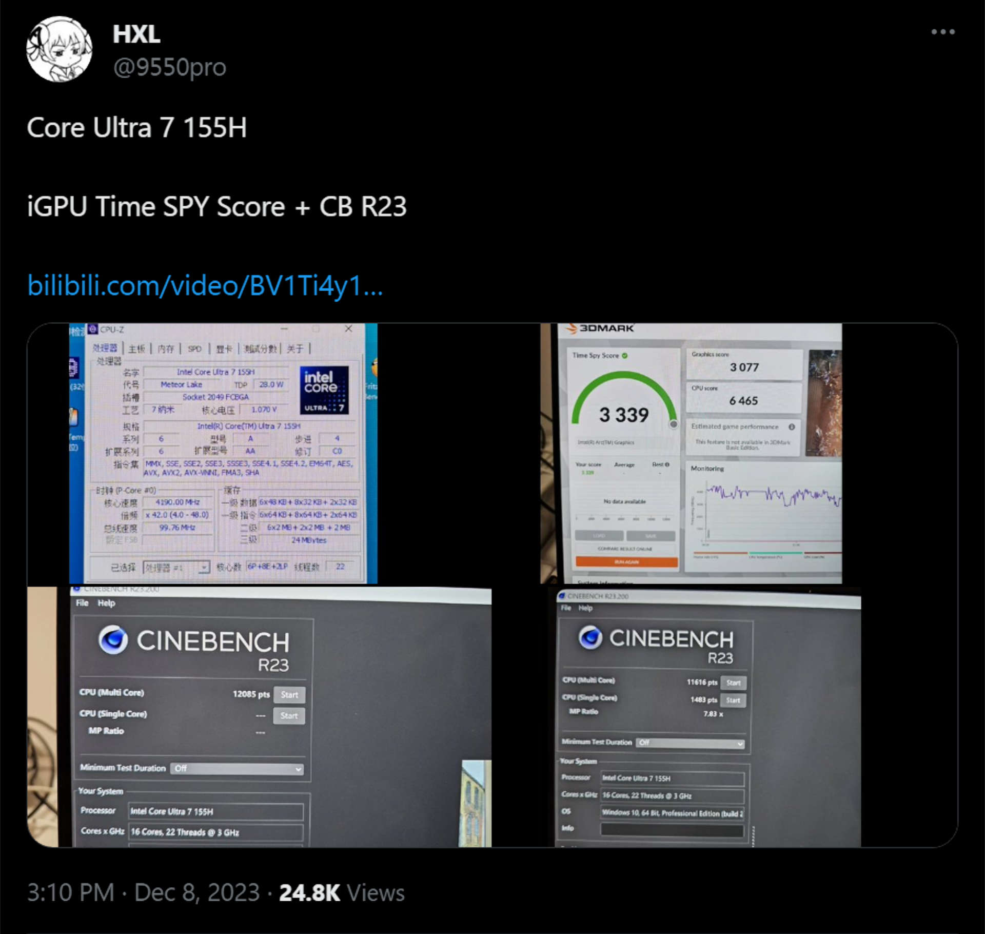 Screenshot of a Twitter post, with alleged leaks of Intel Core 7 Ultra 155H benchmark results