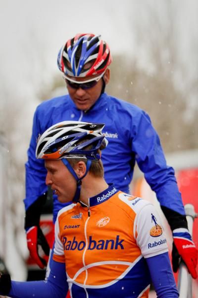 The Rabobank riders enjoying the hail.