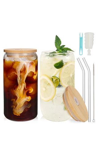 UHAPEER 2 Pack Can Shaped Drinking Glasses with Bamboo Lids