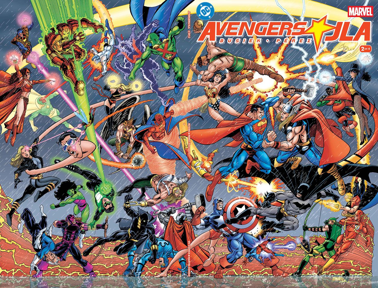 The core members of the Avengers and Justice League locked in combat