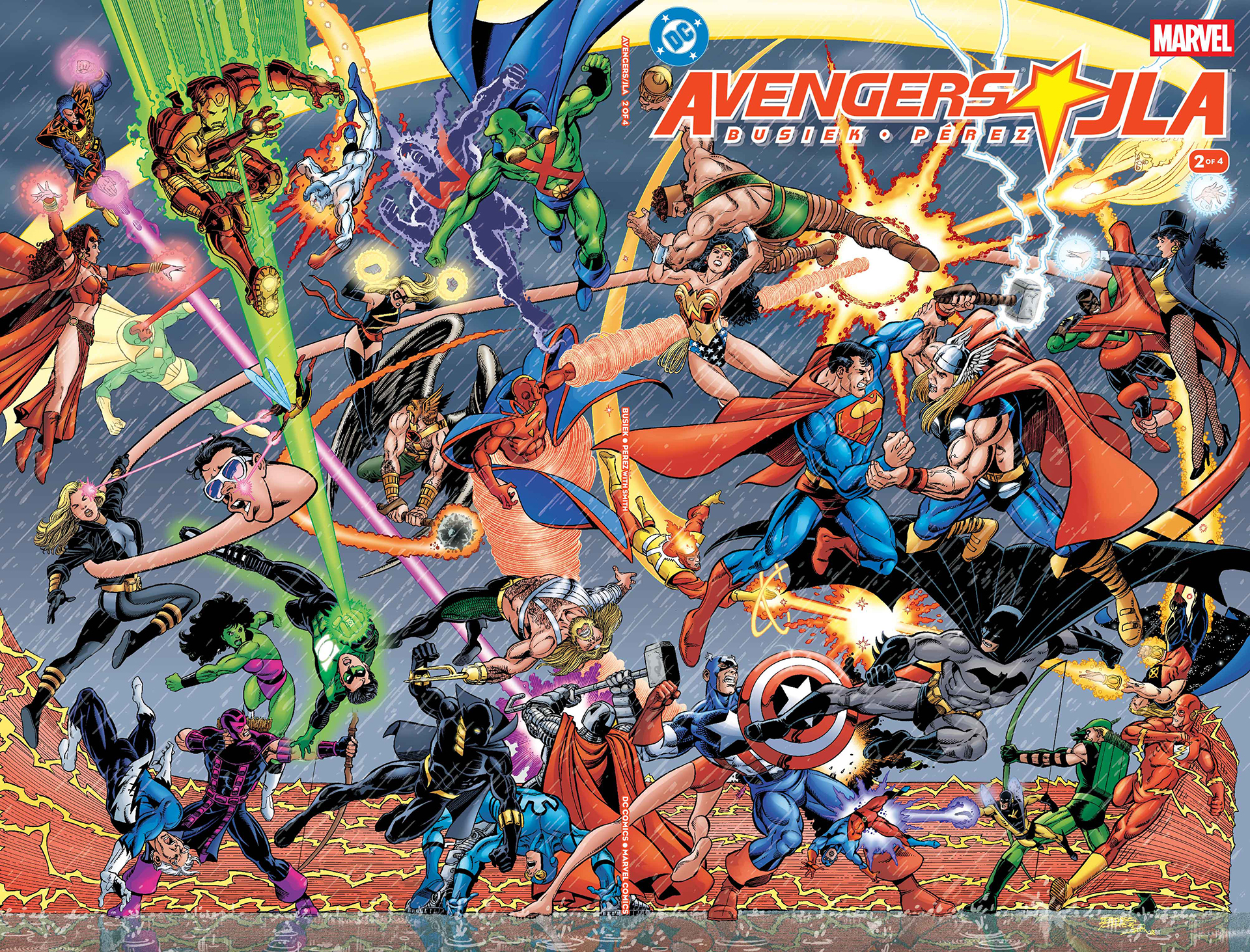The core members of the Avengers and Justice League locked in combat