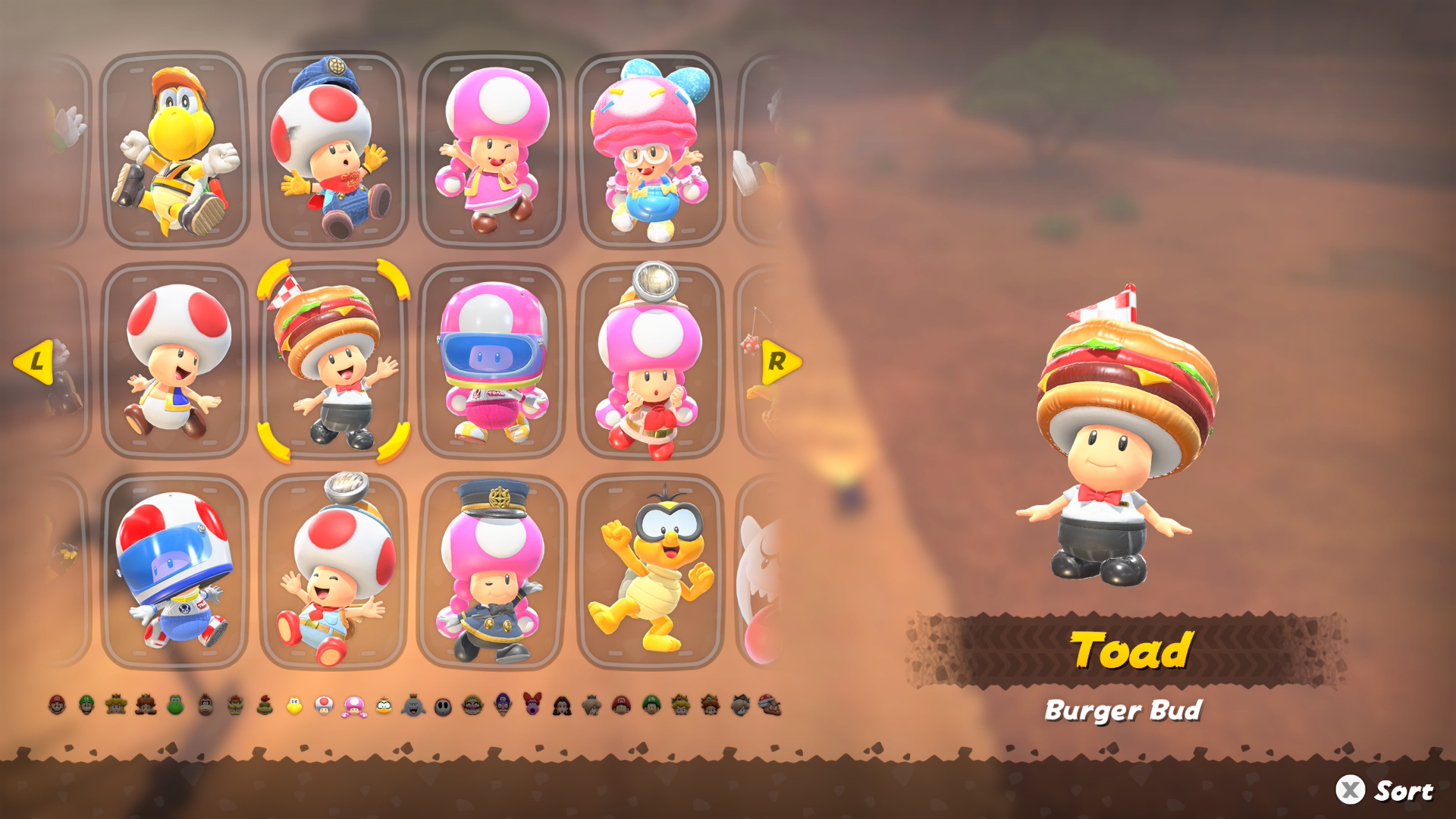 Mario Kart World Toad outfits including Burger Bud