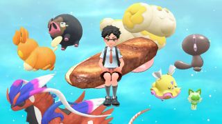 Pokémon Scarlet and Violet character eating a sandwich with their Pokémon