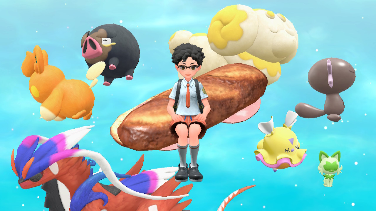 Pokemon Scarlet and Violet character eating a snack with their Pokemon